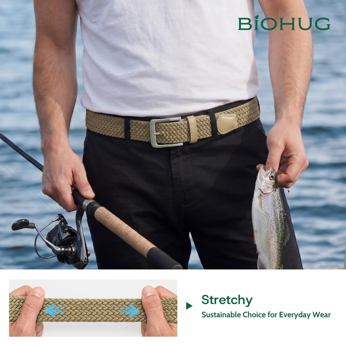 BIOHUG Men's Elastic Braided Belt Eco-Friendly Recycled Fabric Stretch Woven Belt for Jeans Pants,Golf Casual Wear 1.34" Width Khaki