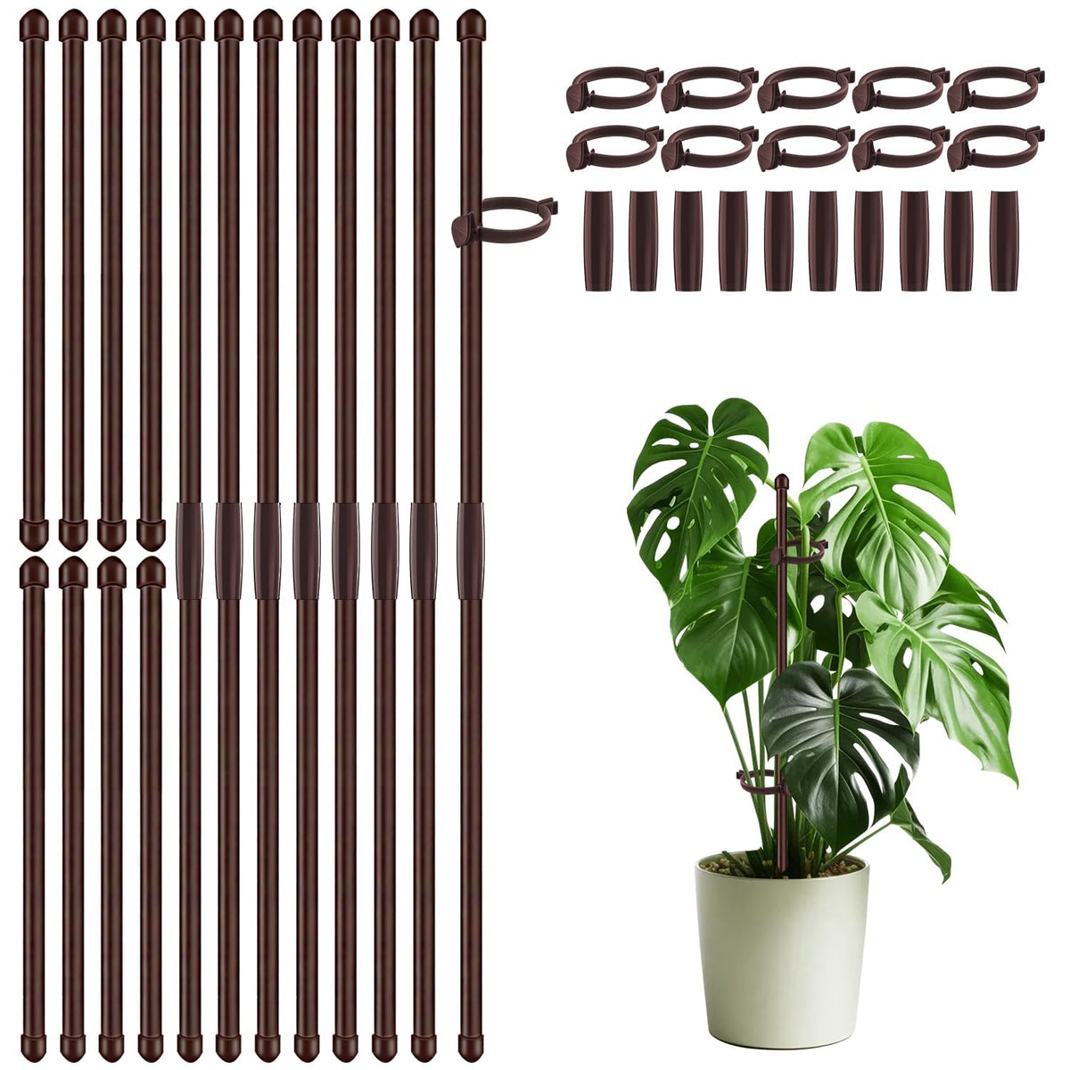 30Pcs Plant Support Stakes 17 inch SupKing Garden Orchid Sticks Extended to 3ft 4ft 5ft Plant Poles with Clips for Indoor Outdoor Potted Tomato Rose Amaryllis Vegetables Comes with 20 Ties(Brown)