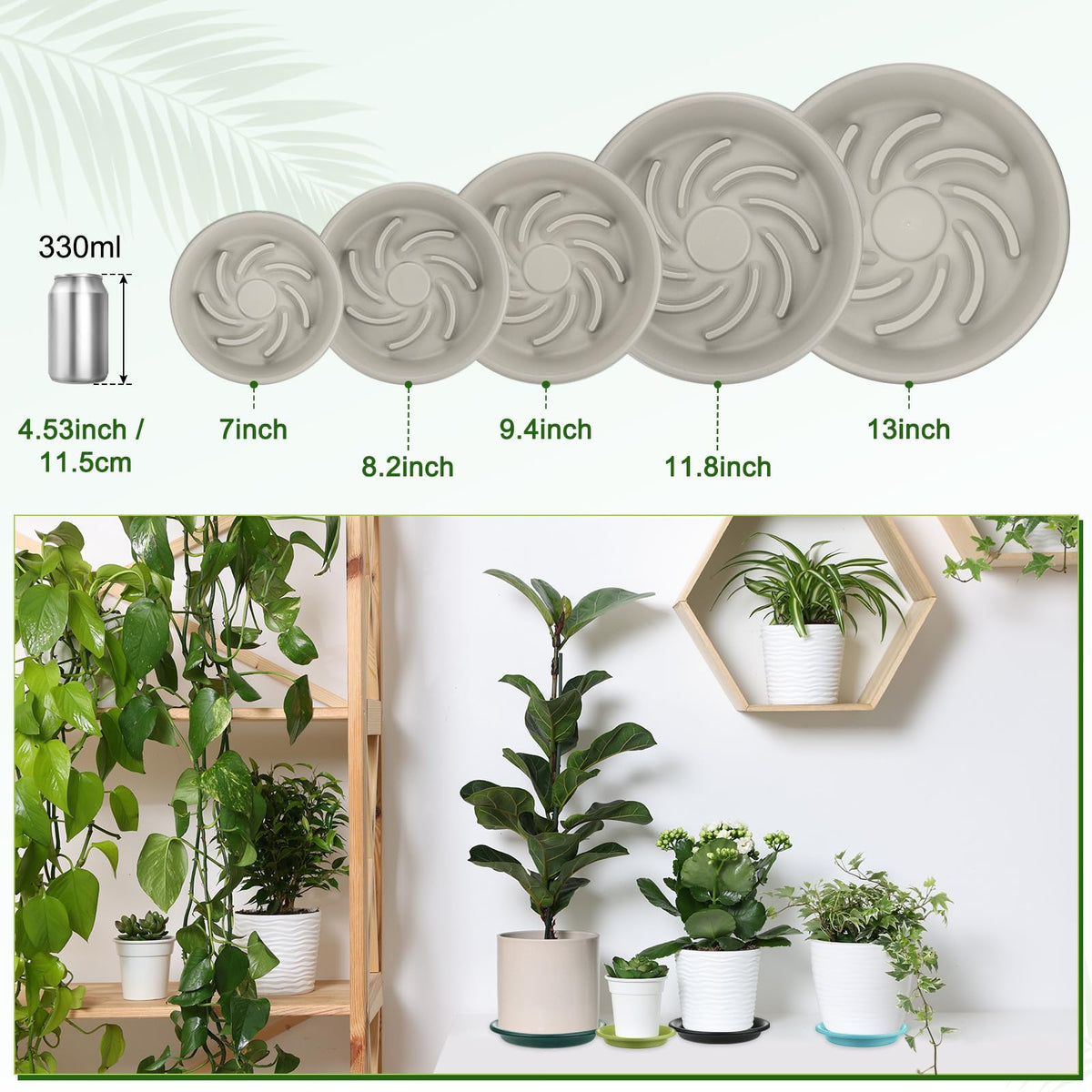 M METERXITY 2-Pack Plant Saucer, 7.3 Inch/ 18.5cm Plastic Plant Trays Thicker for Pots/Indoor/Outdoor/Water Drainage and Protection, Flowerpot Drip Tray [Grayish White]