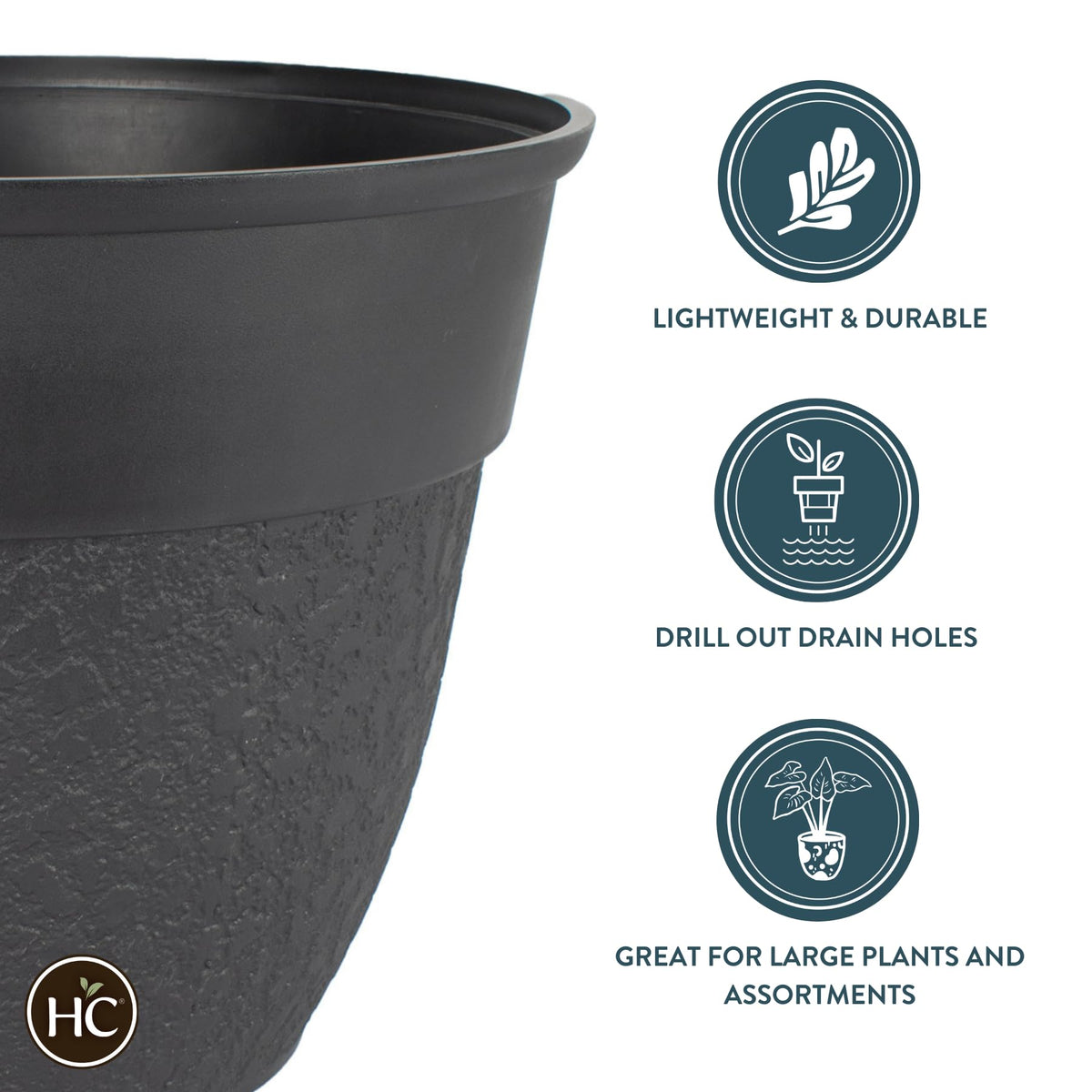 The HC Companies Brookhaven Decorative Round Planter - Lightweight Premium Resin Plant Pot with a Stonelike Texture for Indoor Outdoor Use (16 Inch Black, Pack of 2)