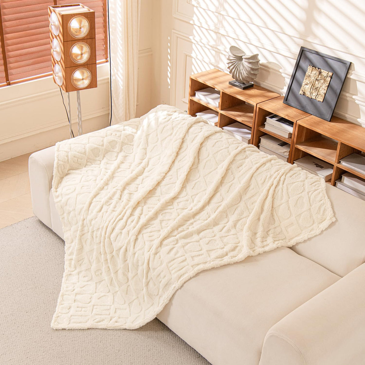 KOTTOMFY Neutral Beige Throw Blanket 80x90 Inches, Large Farmhouse Blanket Throw for Bed and Couch, Cozy Fall Blanket for Living Room Gifting