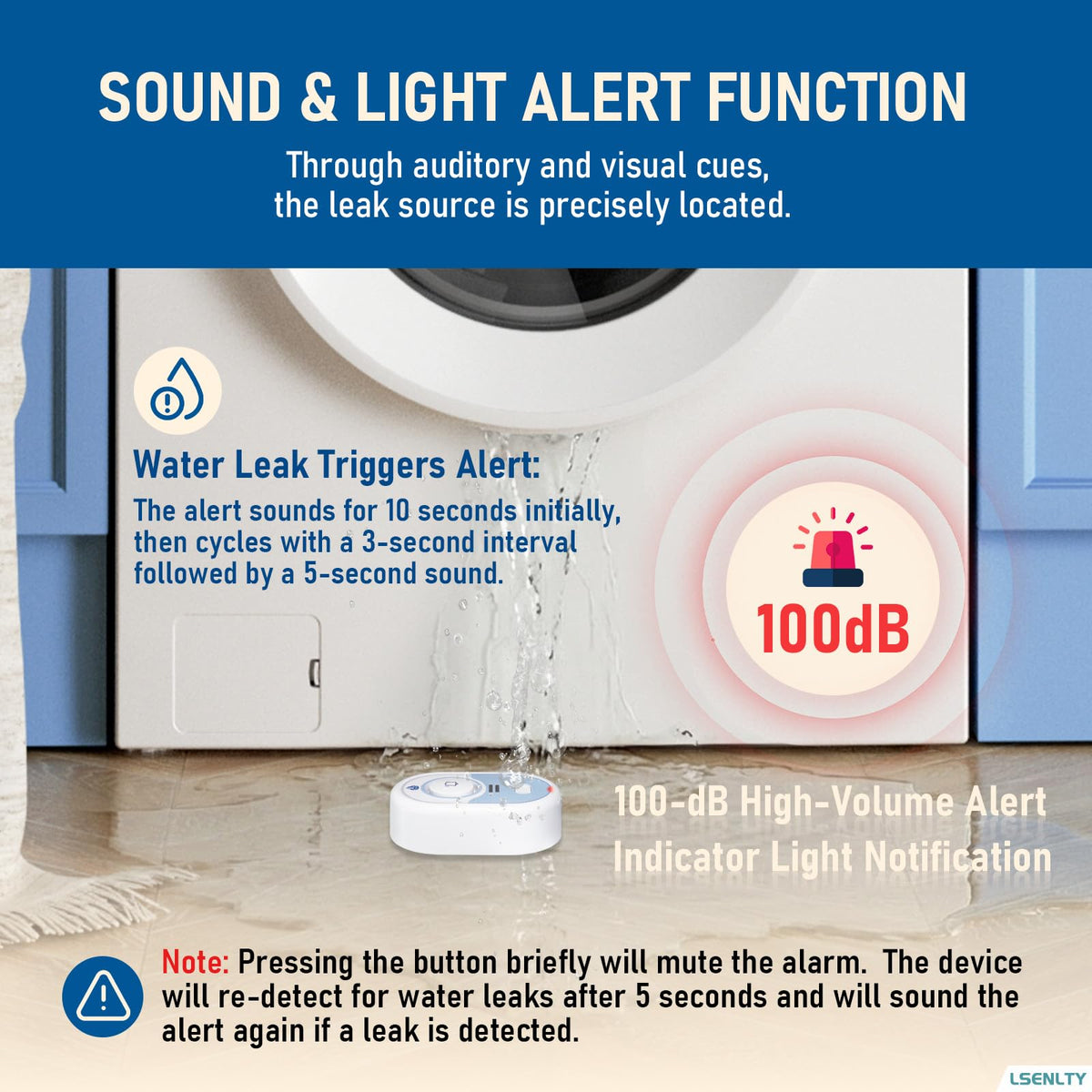 LSENTLY Water Leak Detector Supports 5 Years Standby Time, LED Indicator & 100dB Leak Alarm & Low Battery Reminder Water Alarm, IP66 Waterproof for Home, 6 Pack (Cannot Connect Wi-Fi)