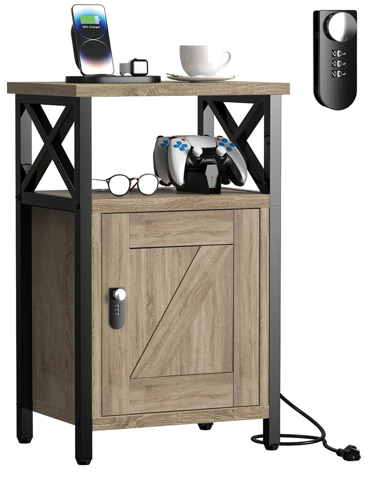runjuly Wooden Nightstand with Lock, Bed Side Table with Drawers, Bedside Table with Charging Station, 3 USB & 2 Outlets, Night Stand with Cabinet, End Tables for Bedroom, Greige