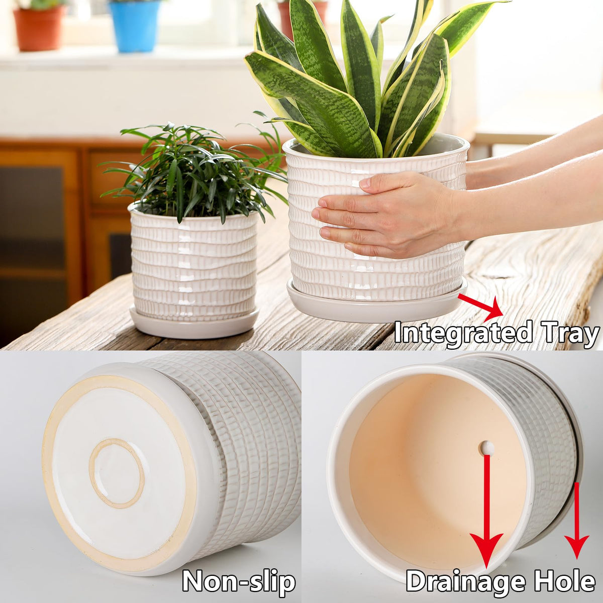 Chubacoo 5.8 Inch Plant Pot: Ceramic Planter with Drainage Hole & Saucer for Indoor Outdoor Plants - Flowerpot with Bonded Tray for Home Office - Wave Embossed