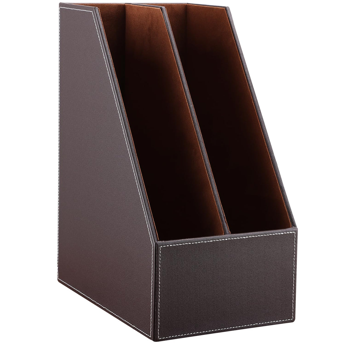 KINGFOM Wooden Leatherette Desktop File Folder Organizer and Document File Stand Journals Magazine Rack 2 Slots (brown)