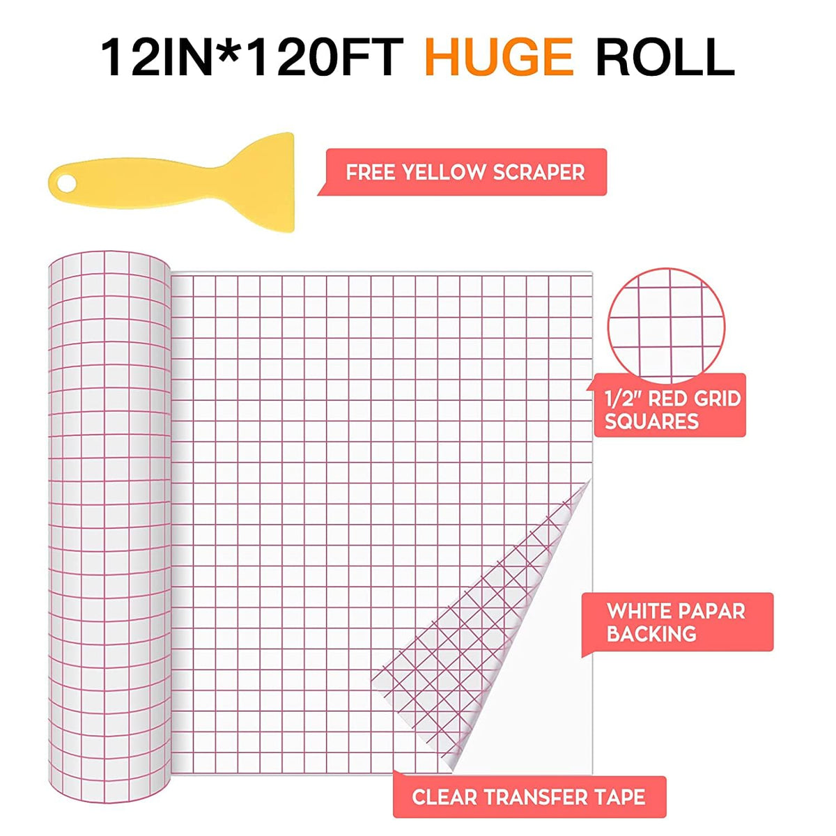 HTVRONT Transfer Tape for Vinyl - 12" X 120 ft w/Red Alignment Grid Transfer Paper for Adhesive Vinyl, Silhouette Cameo Vinyl Transfer Tape for Vinyl for Decals,Signs, Windows, Stickers
