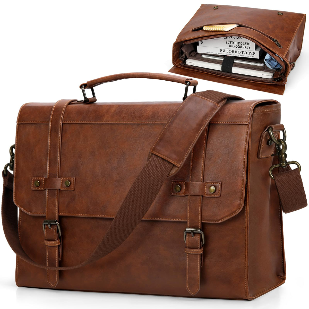 RAINSMORE Mens Messenger Bag 17 Inch Waterproof Vintage Leather Laptop Briefcase Large Laptop Bag Satchel Bag Computer Shoulder Bag for Office Business Travel College,Brown