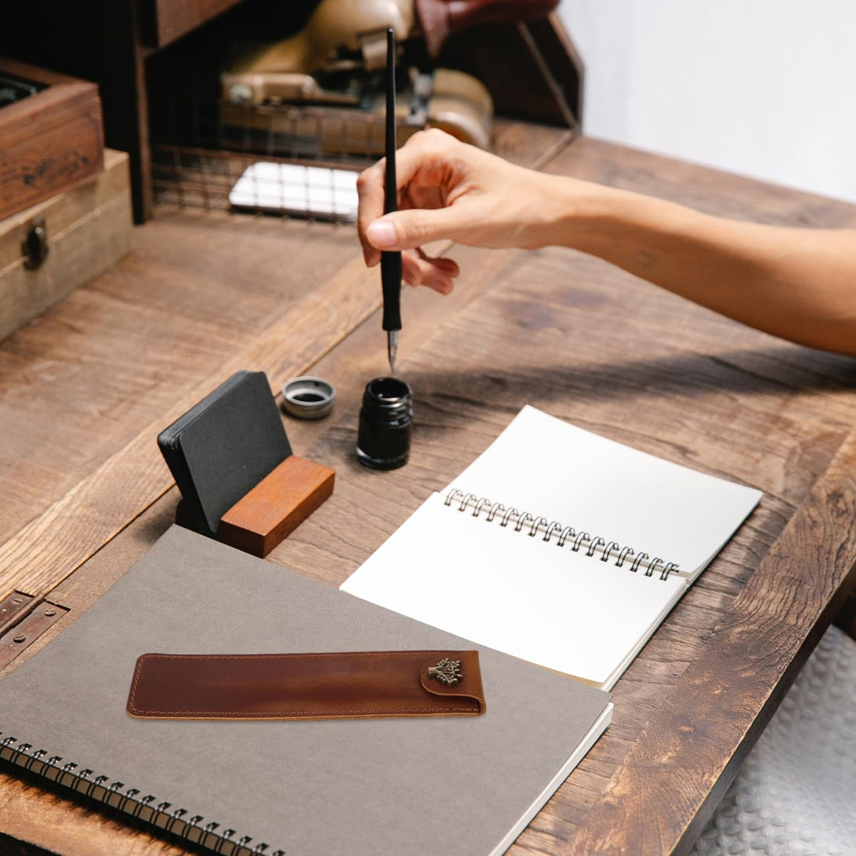 NUOBESTY Leather Pen Pouch Genuine Cowhide Single Pen Case Holder with Snap Button for Fountain Rollerball Ballpoint Pens 6.61X1.57X0.59In Office and School Use
