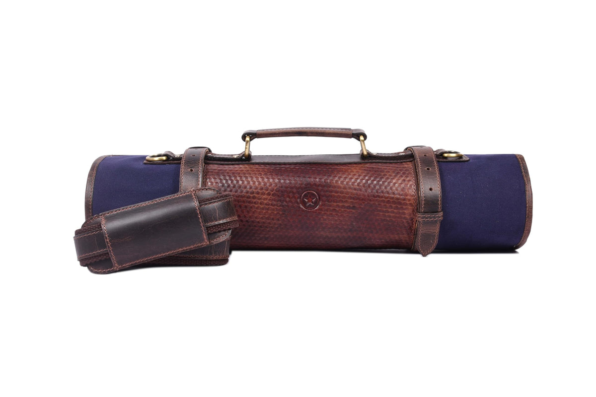 Leather Knife Roll Storage Bag, Elastic and Expandable 10 Pockets, Adjustable/Detachable Shoulder Strap, Travel-Friendly Chef Knife Case (Navy Blue, Canvas)