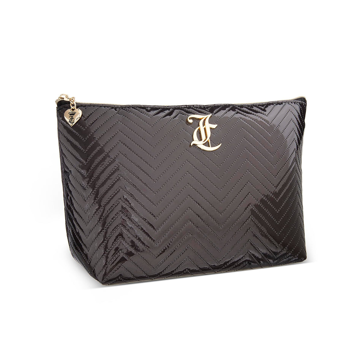 Juicy Couture Black Makeup Bag Cosmetics Organizer Travel Essentials Top Zip Pouch Faux Patent Leather Zig Zag Pattern