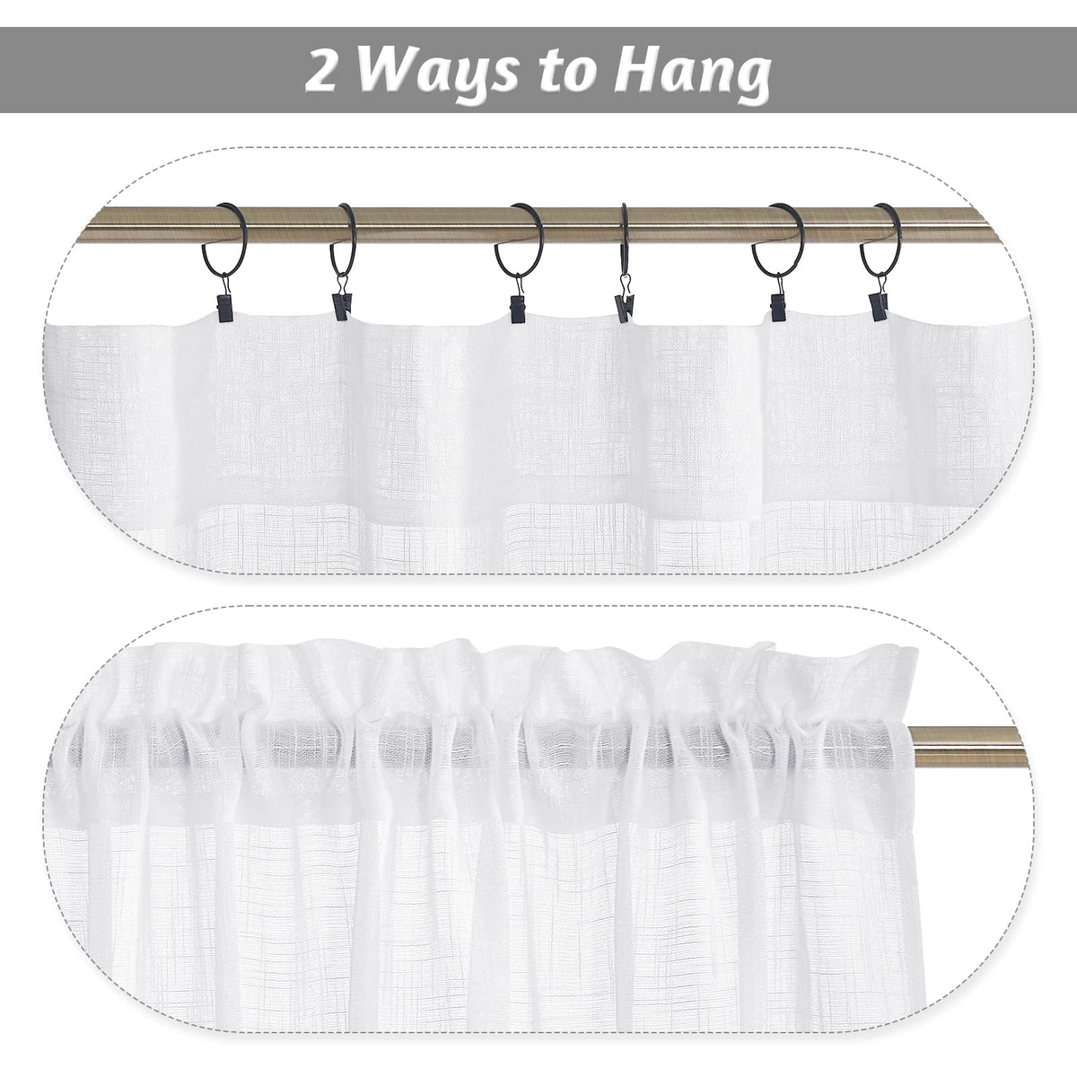 RYB HOME Short Kitchen Valances and Curtain Set, Privacy White Linen Swag Curtains, Semi Sheer Bathroom Tiers for Small Windows, 36 x 36 inch, 1 Pair