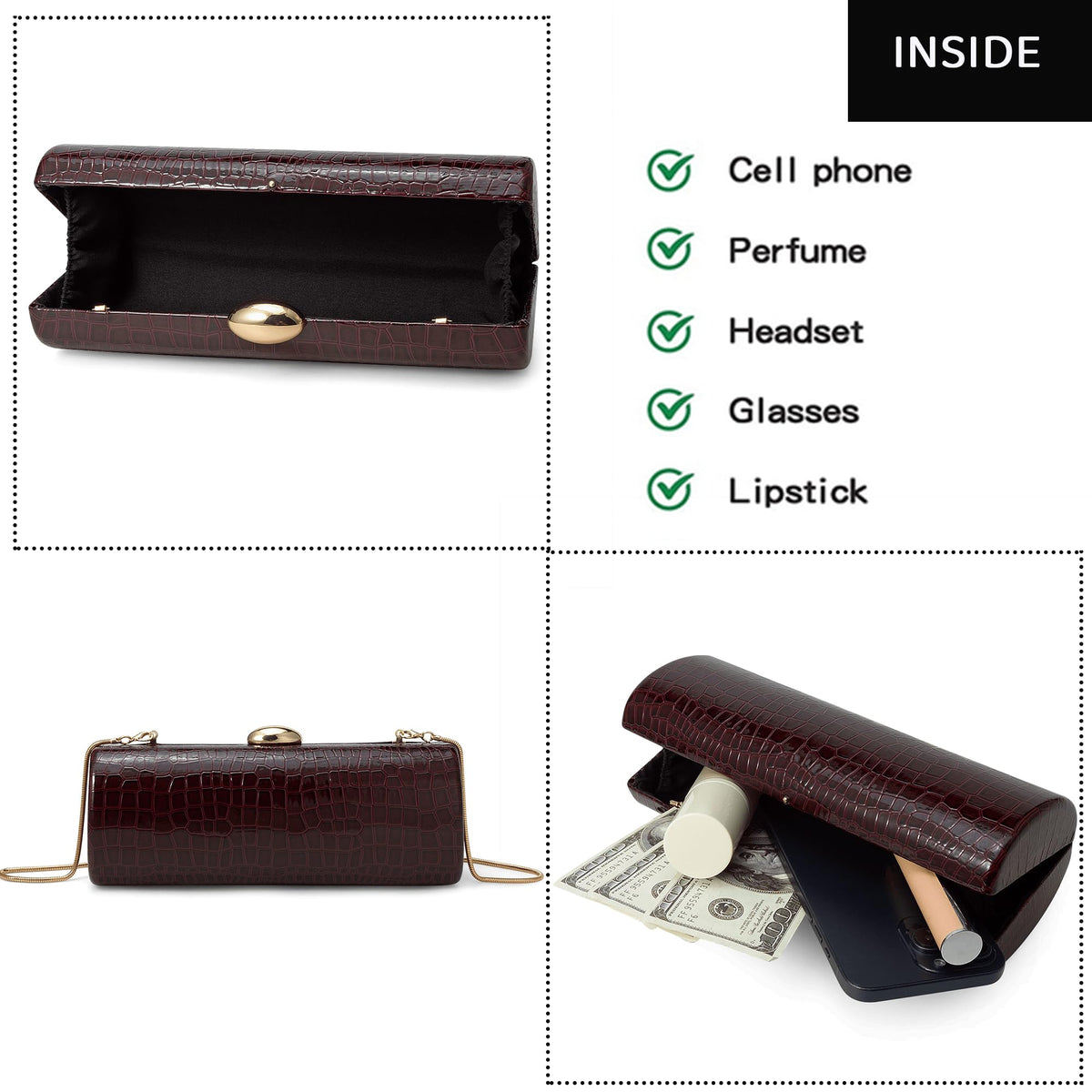 Buric Vegan PU Leather Evening Clutch Purses Crocodile Pattern Handbags Formal Envelope Shoulder Bags for Party Wedding Prom Brida Wine Red