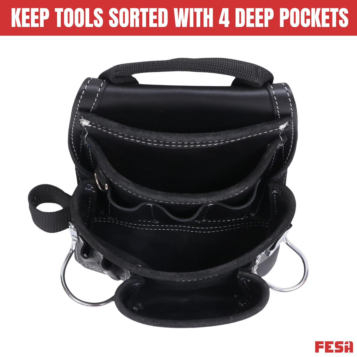 FESA Leather Carpenter Tool Pouch - 10-Pocket Heavy Top Grain Leather Carpenter Pouch with 2 Hammer Loops, Large & Small Pockets - Fits Work Belts up to 3" - Handcrafted (Black, Mexico)