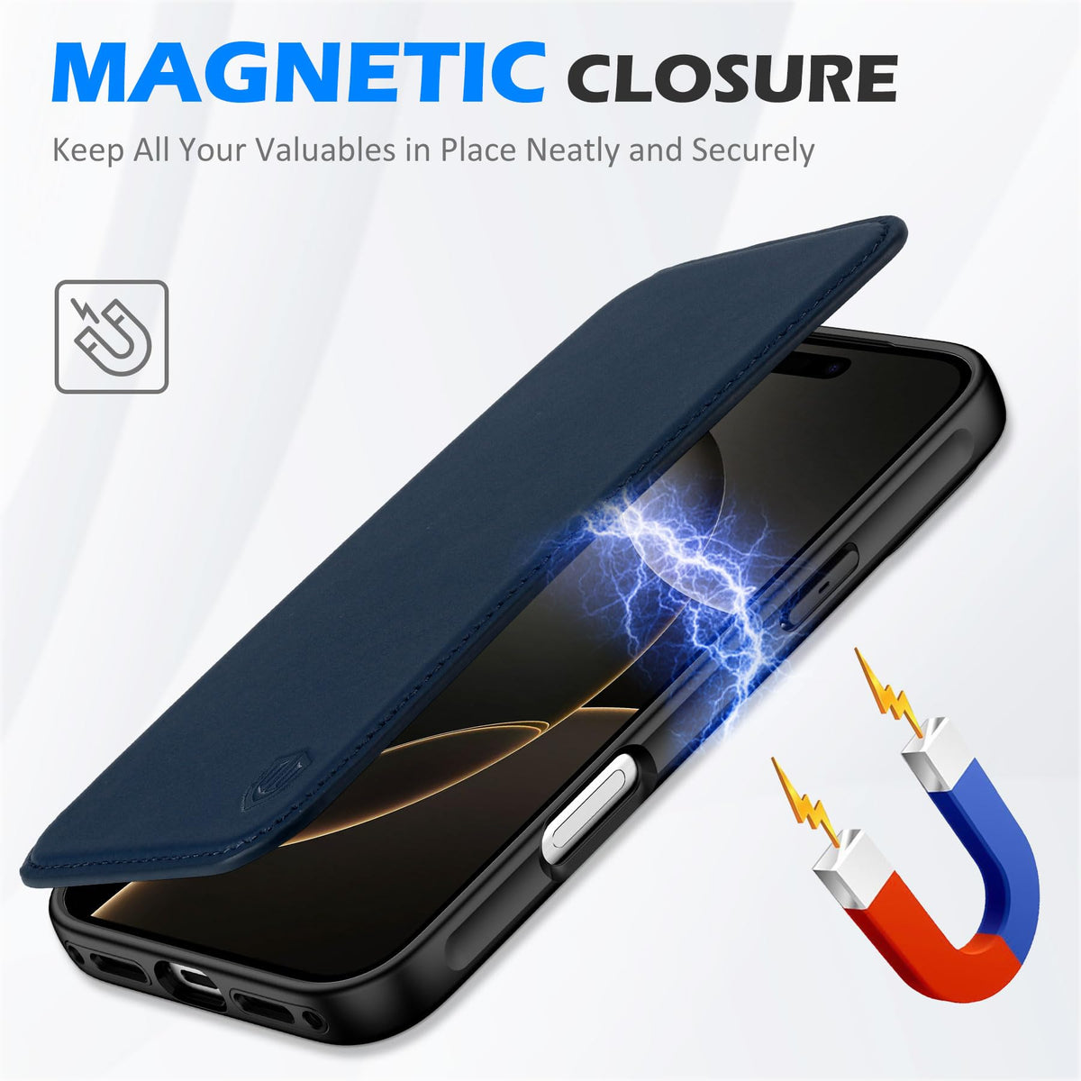 SHIELDON Genuine Leather Slim Wallet Case for iPhone 17 Pro Max 6.9 Inch 2025 | Flip | RFID Blocking Credit Card Slot | Magnetic Closure | Wireless Charging | Shock Absorbing Cover | Navy Blue