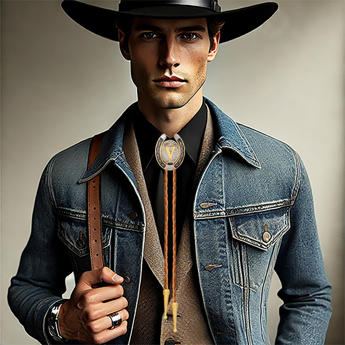 HLYMPONY Bolo tie for Men Western Cowboy Brown Leather Necktie Gold Initial Letter ABCDJMR to Z Bolo ties for Women (V)