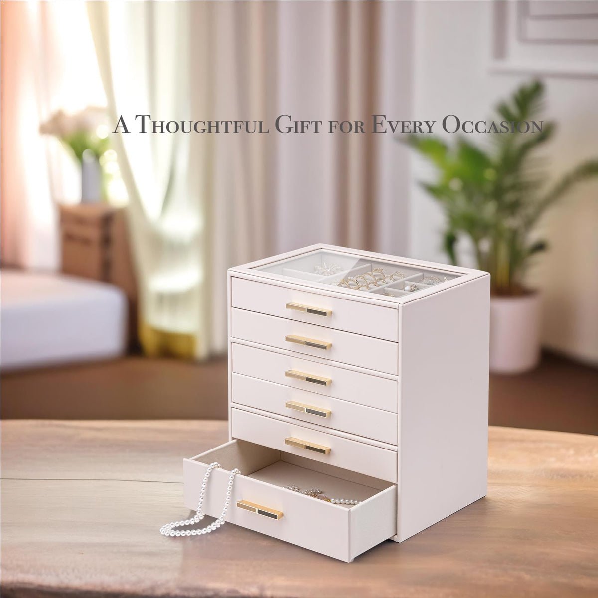 VLANDO 6-Drawer Jewelry Box with Glass Lid, Faux Leather Organizer for Rings Earrings Necklaces and More, Gift-Ready Jewelry Case for Women Girls or Moms, Pink Beige