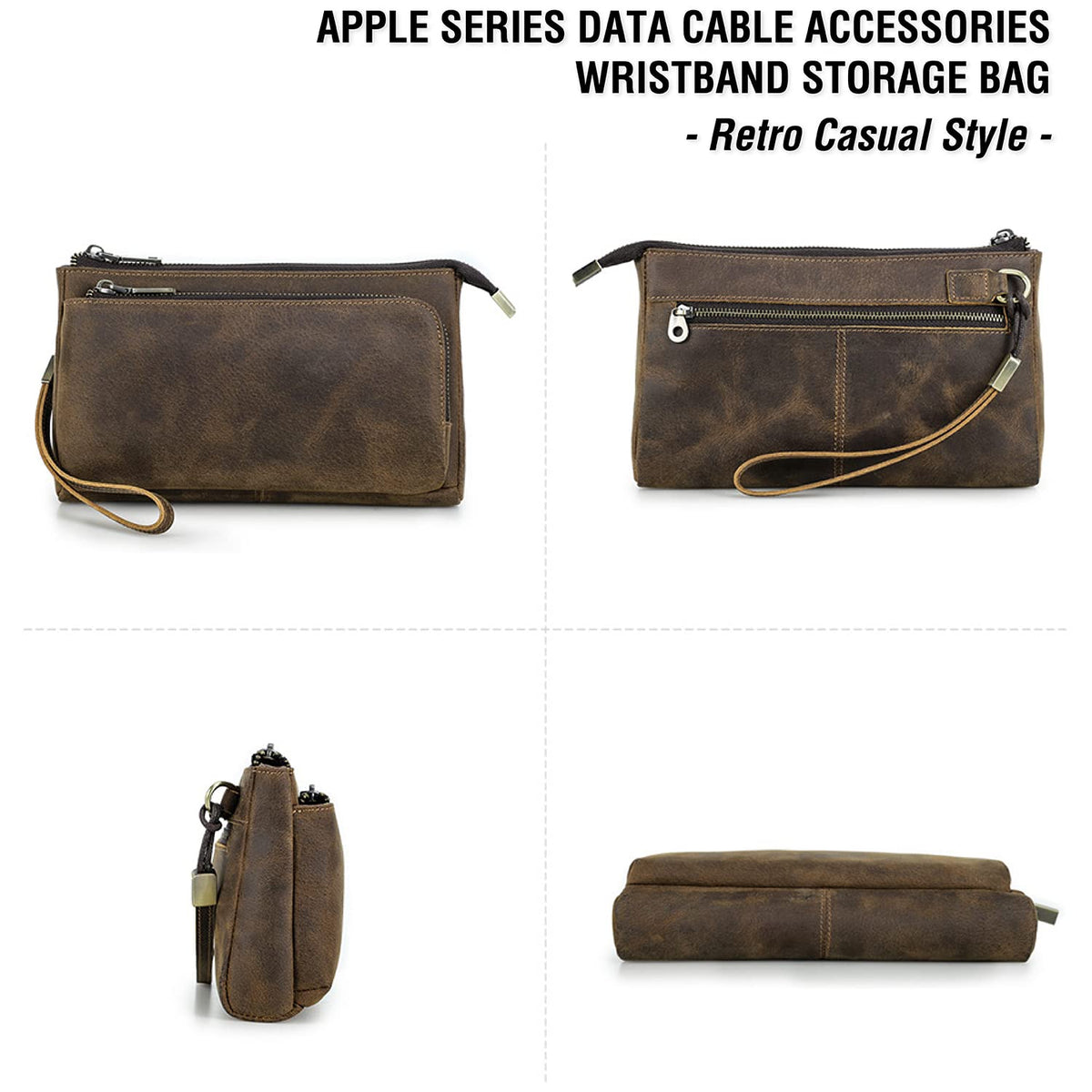 CataPurus Electronic Organizer Zipper Bag Tech Kit, Top Grain Leather Handmade, Portable Compact Travel Apple Accessories Storage Pouch Fits Phone, USB Cables, Power Banks, Chargers, Hard Drive
