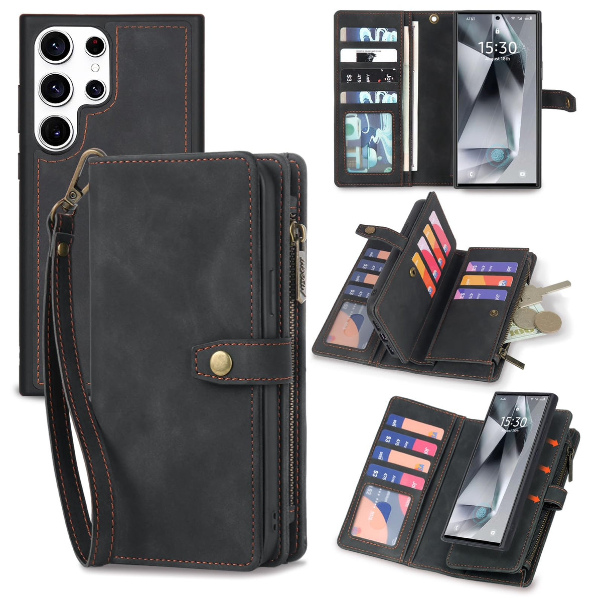 TwoHead for Samsung Galaxy S24 Ultra Wallet Case with Card Holder, Detachable Magnetic Phone Case for S24 Ultra,PU Leather All-Round Protective Phone Case Wallet with Wrist Strap,Black