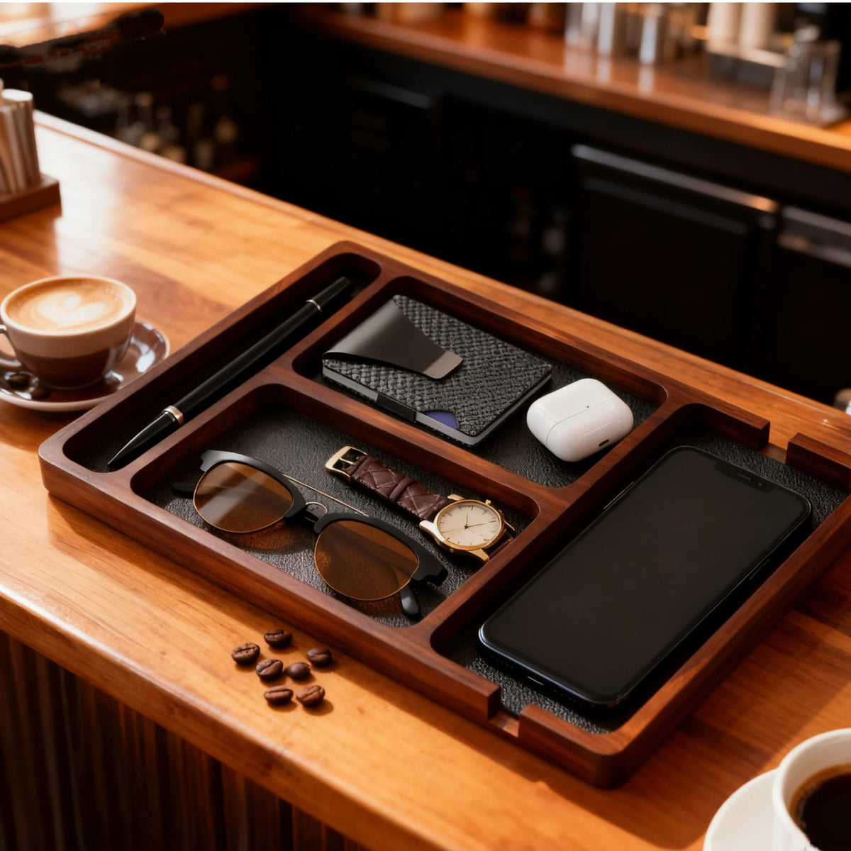 Wooden Valet Tray with Leather Inlay, Office Desk Organizer Tray, Nightstand Storage Tray, Multi-Purpose EDC Jewelry Storage Tray for Keys, Wallet, Watch, Phone & Earbuds (wood)