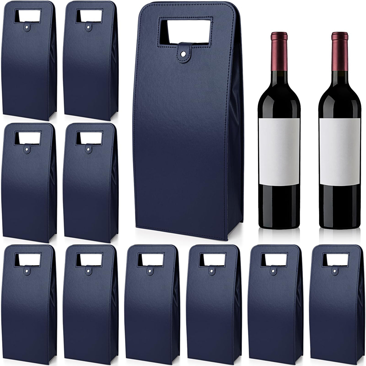 FillTouch 10 Pcs Double Wine Tote Bag Leather Wine Carrier Double Bottle Champagne Beer Bottle Gift Bags Purse Case Holder for Tasting Party Wedding Birthday Christmas (Navy)