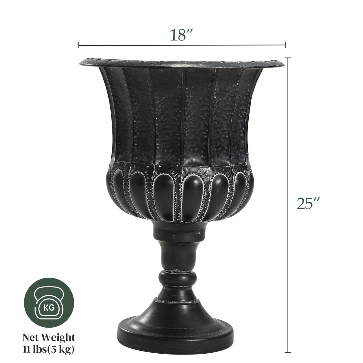 Worth Garden 25" H. Metal Urn Planters 2-Pack - Black Traditional Classic Iron Plant Pots - Large Decorative Rustic Flower Container for Patio, Front Porch, Outdoor Use