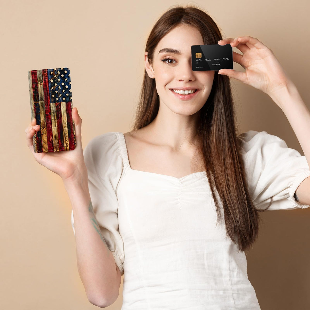 ACWDMKH Leather Checkbook Cover for Men Women Personal Checkbook Holder RFID Blocking Check Book Holder Cover for Duplicate Checks,with A Pen,American Flag Wood