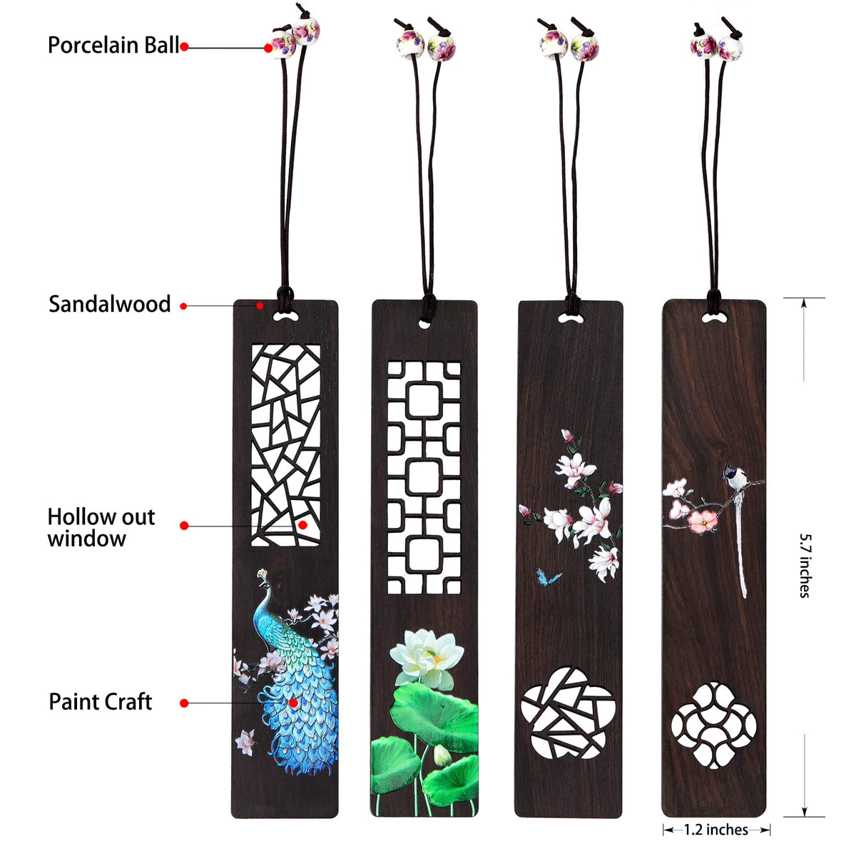 ZIZZON Wooden Bookmark for Men Women, Handmade Natural Wood Carving, Hollow Out and Painted Craft, Ideal Gifts for Men Women Friends Girls Teachers, Birthday Present (Peacock and Lotus)