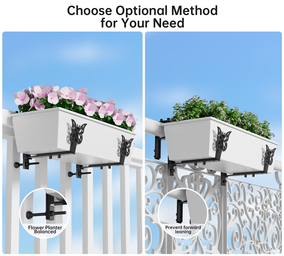 LAWYAMAI 6 Pack Window Box Brackets, Adjustable Planter Box Brackets, Universal Flower Box Bracket for Deck Railing, Heavy Duty Railing Planter Bracket for Balcony, Fence and Garden - Black