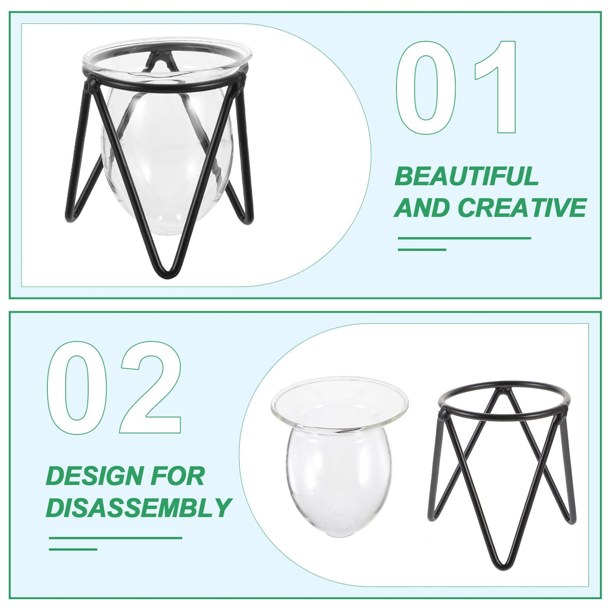NUOBESTY 6pcs Small Iron Art Flower Stands with Hydroponic Glass Vases for Desktop Plant Decoration and Office Home Hydroponic Terrarium Display