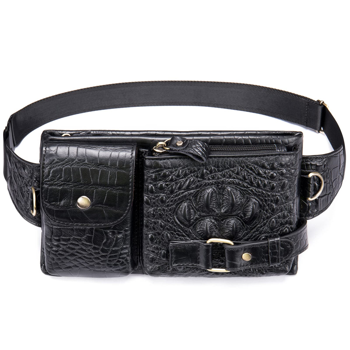 Mens Fanny Pack, Rugged Genuine Leather Waist Bags for Men Bumbag Waist Pack for Hands-free Crocodile Black