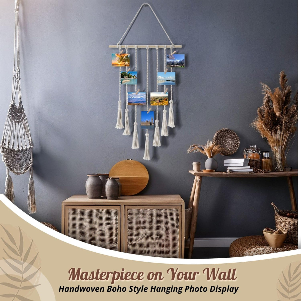 Flexzion Macrame Hanging Photo Display Wall Decor - Handwoven Boho Picture Collage Decor Hanger with 25 Wooden Clips & Cotton String Holder Organizer for Bedroom, Living Room, Home, Dorm, Gift