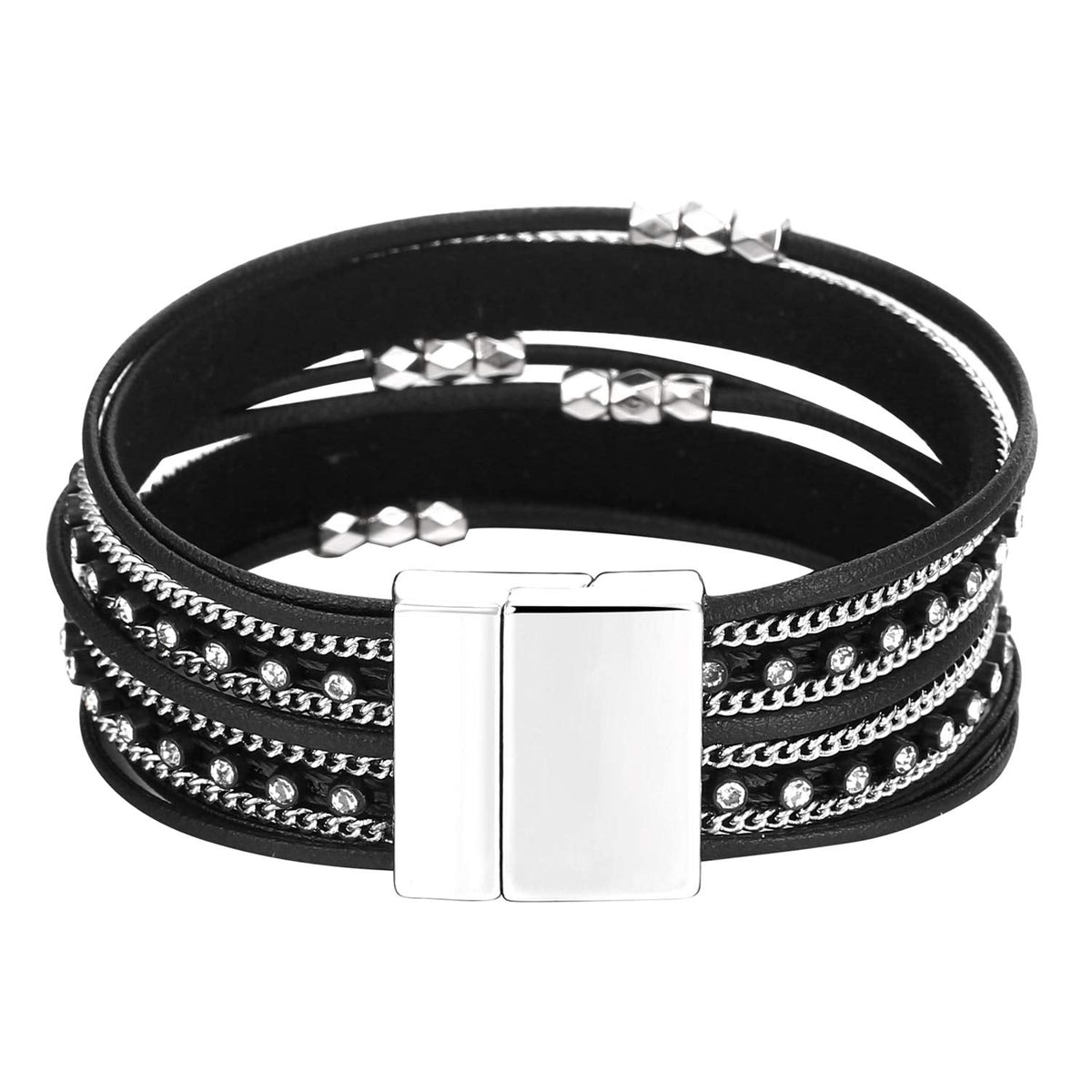 Fesciory Leather Wrap Bracelets for Women, Boho Leopard Multi-Layer Crystal Beads Cuff Bracelet Jewelry (Short Black)