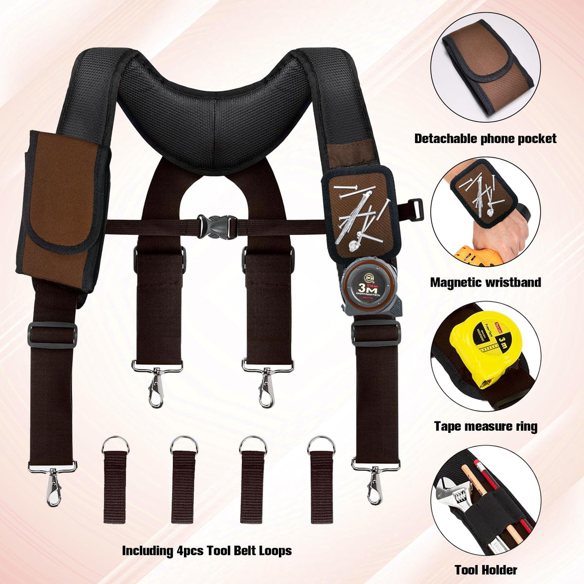 UMYLOV Tool Belt Suspenders for Men, Adjustable Padded Carpenter Tool Belt with Magnetic WristBand Multifunctional Pouch Pocket for Construction Workers (Brown)