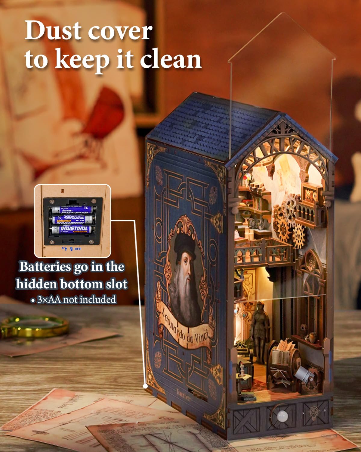 Tonecheer DIY Book Nook Kit for Adults, 3D Puzzle Wooden Miniature House Kit, Booknook Dollhouse Bookshelf Insert Decor Bookend with Dust Cover and LED Lights Gifts (Leonardo da Vinci)