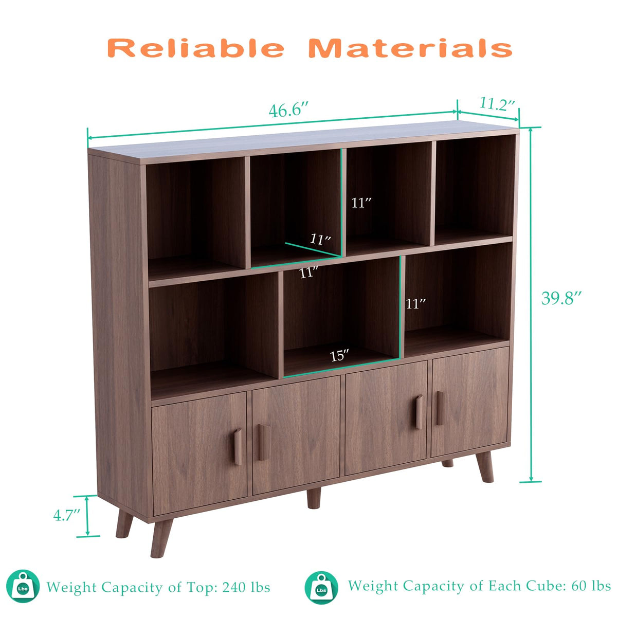 OSCHF Cubby Shelf Bookcase with Doors - Wooden 11 Cube Floor Standing Open Bookshelf with Solid Wood Legs, 3-Tier Storage Cabinet, Walnut