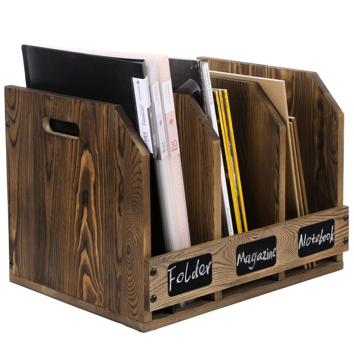 MyGift Office Desktop Document File Folder Rustic Burnt Brown Wood Binder Storage Organizer Rack with 3 Compartments and Chalkboard Labels