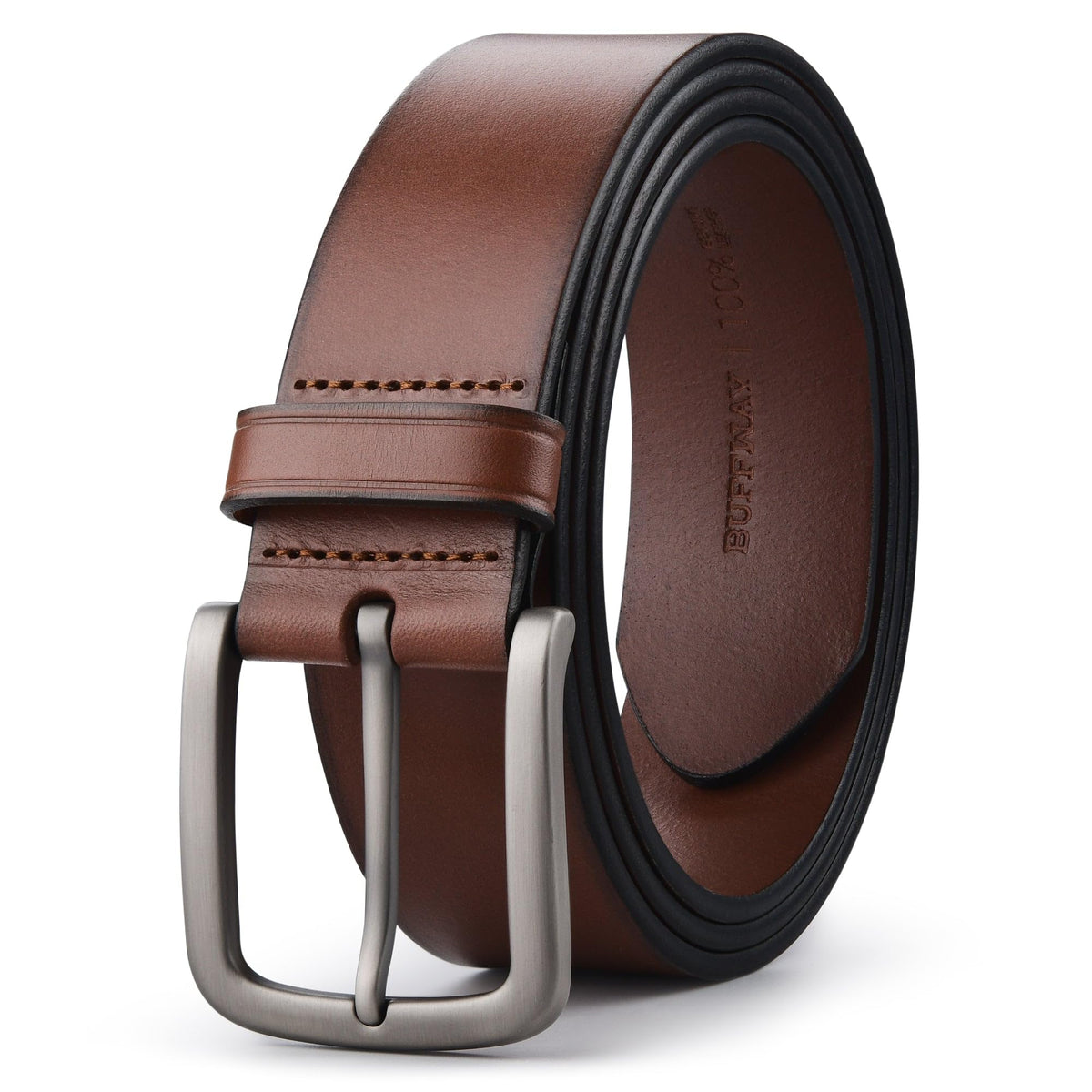 Buffway Men's Leather Belt,1.5" Handcrafted Top-Grain Leather – Durable,Comfortable,Suitable for Everyday Formal & Casual Wear - Size 36" Brown