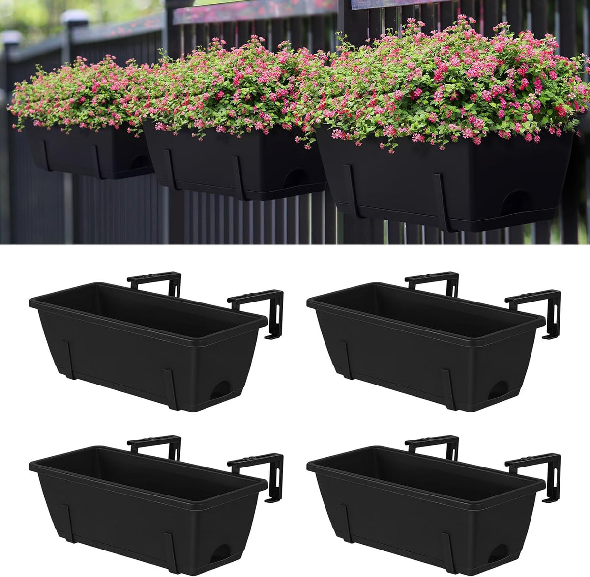 FANSXIVITA Balcony Planters Railing Hanging, Deck Railings Planter Boxes 16.9in, Railing Planter Box, Deck Planters for Railings, Railing Flower Box with Metal Brackets, Black (4Pcs)