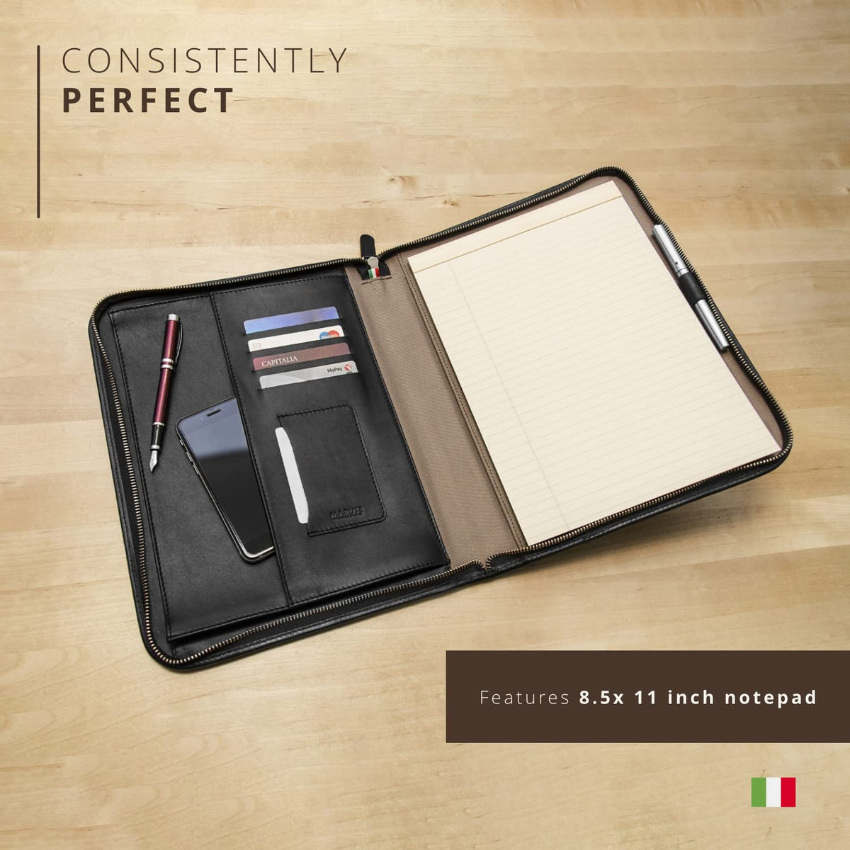 Premium Maruse Leather Portfolio Padfolio - Executive Folio for Men and Women with Zipper, Folio Document Organizer, Laptop Sleeve, iPad Case and Folder - Made in Italy, Black
