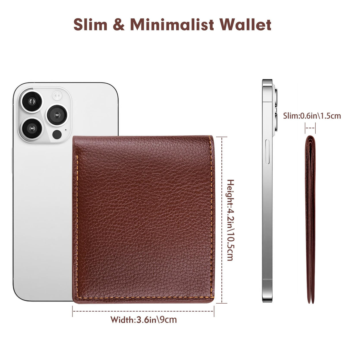 Plinvo Genuine Leather Slim Bifold Wallet for Men, RFID Blocking Minimalist Design with ID Window and 6 Card Slots (Brown)