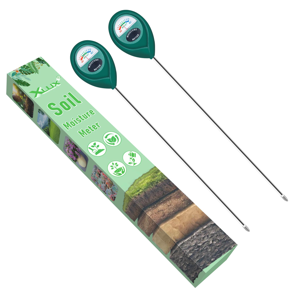 XLUX Long Probe Deep Use Soil Moisture Meter Sensor, Water Monitor Indicator, Hygrometer for Outdoor Indoor Large Pot Plants, Flower, Gardening, Farming, 2 Pack