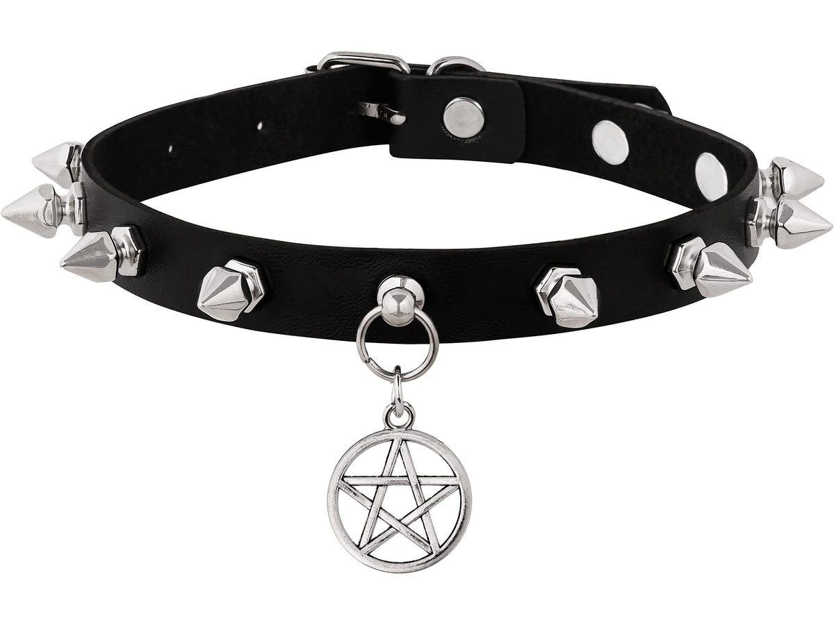 Sacina Gothic Punk Pentagram Star Spiked Choker, Black PU Leather Necklace, Goth Punk Jewelry, Halloween Christmas Jewelry Gift for Women
