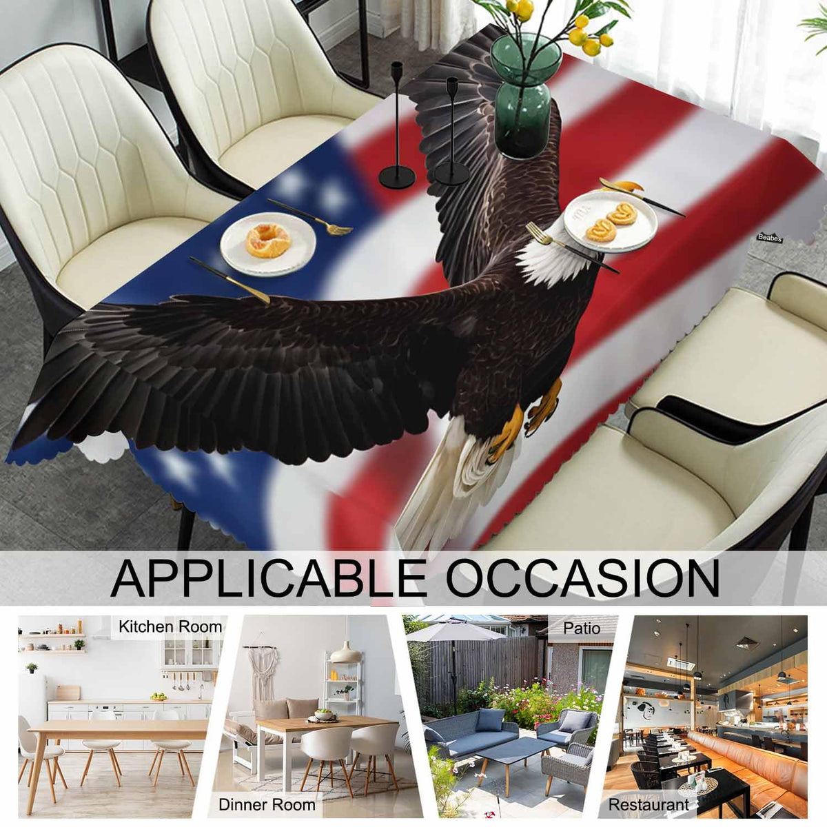 Beabes Tablecloth Bald Eagle 52 X 70 Inch, American Flag Bald Eagle Oblong Table Cloths Anti-Shrink Decorative Table Cover for Kitchen Dinning Tabletop Outdoor Picnic BBQ