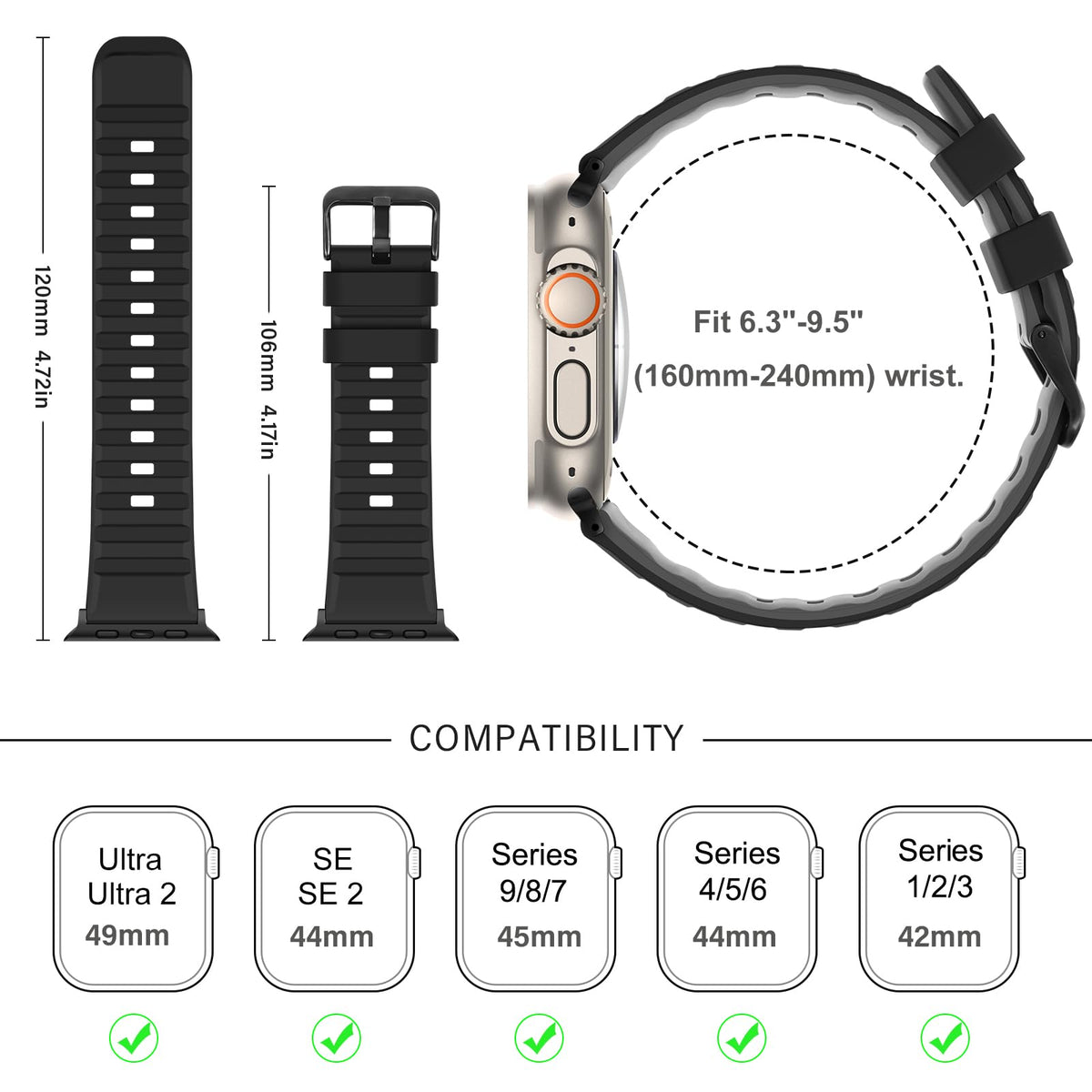 Suphart Bands Compatible with Apple Watch Band 49mm 46mm 45mm 44mm 42mm for Women Men Soft Silicone Sport Strap Designed for Apple Watch Ultra 2 Ultra SE Series 10 9 8 7 6 5 4 3 2 1, Black Grey