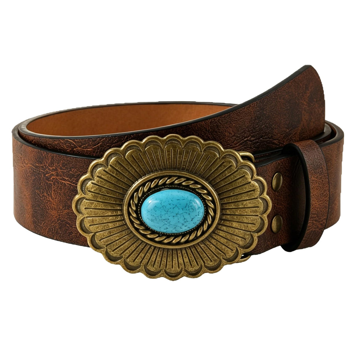 XMQBIEE Women's Western Leather Belt with Turquoise Buckle Engraved Cowboy Waist Belt for Jeans Dresses Country Concerts
