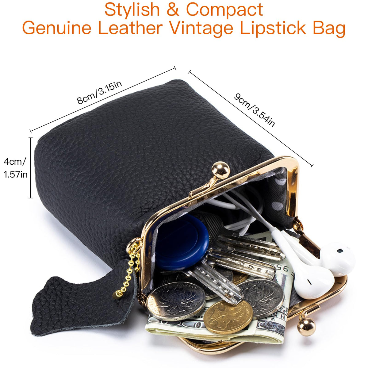 Genuine Leather Vintage Lipstick Coin Purse with Kiss-Lock Closure, mini travel jeweley box, Compact Travel Jewelry Organizer for Earrings, Rings, Keys, Coins (Black)