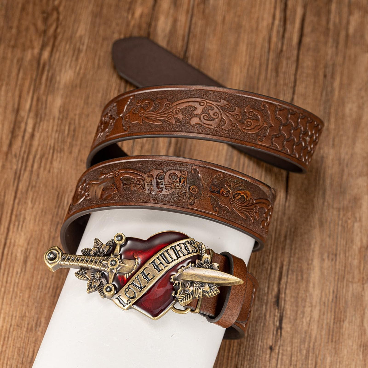FAYZSOWSR Antique Belt, Western Cowboy PU Leather Belts with Heart and Sword Carved Buckle Retro Embossed Belt for Jeans (Black)