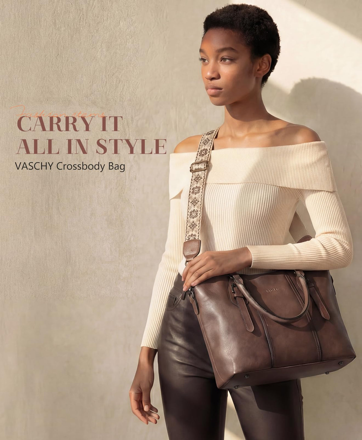 VASCHY Hobo Bags for Women, Vegan Leather Top Handle Satchel Shoulder Purse Handbag Purse with Crossbody Guitar Strap Coffee