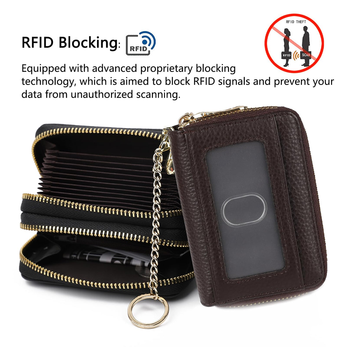 imeetu RFID Credit Card Wallet, Genuine Leather Zipper Card Case Holder with Removable Keychain(Max - Coffee)
