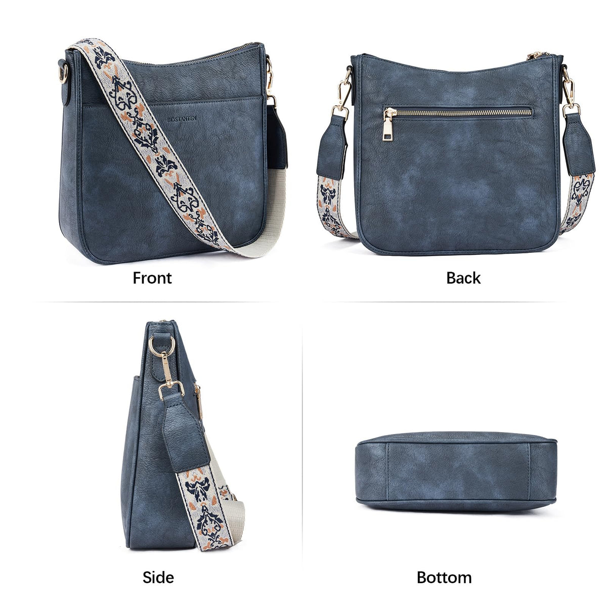 BOSTANTEN Crossbody Bags for Women Trendy Vegan Leather Hobo Purses Shoulder Handbags With Wide Shoulder Strap Navy Blue